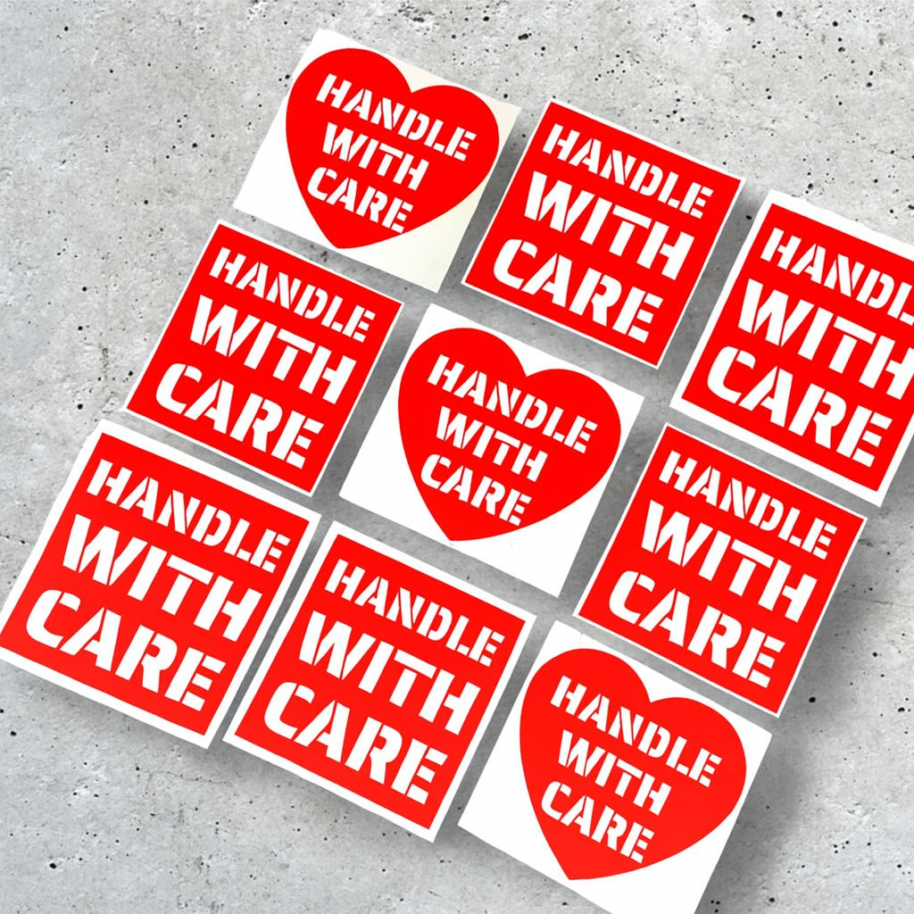 HANDLE WITH CARE Love Heart sticker set of ten