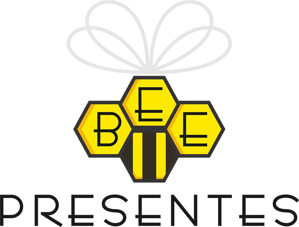 Logo da marca Bee Presente, com quatro hexágonos amarelos, com o escrito BEE escrito dentro desses símbolos, a uma representação de asa na parte superior e o texto presentes escrito na parte inferior