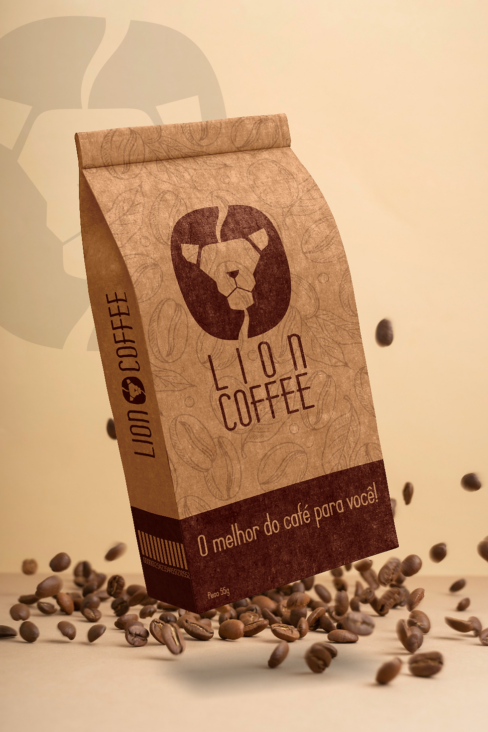 Embalagem de café, em papel simples, com a logo Lion Coffee