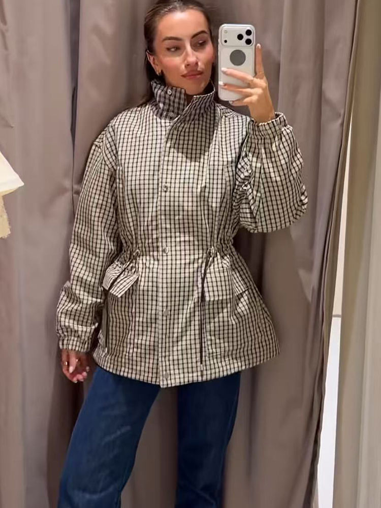 Thumbnail: Fashion Plaid Jacket For Women Stand Collar Zipper Drawstring Waist Loose Fit Co
