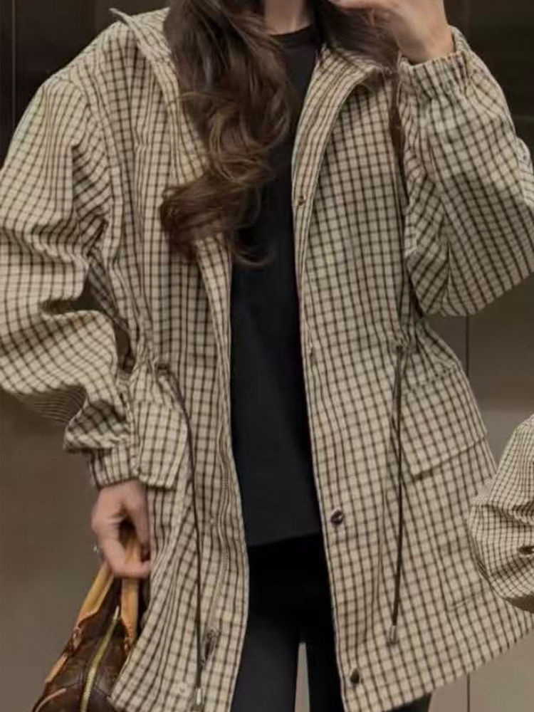 Thumbnail: Fashion Plaid Jacket For Women Stand Collar Zipper Drawstring Waist Loose Fit Co