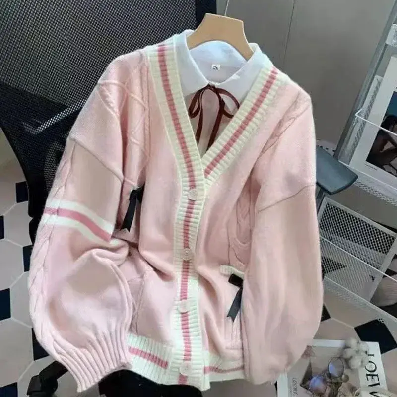 Thumbnail: Sweet Bow Sweater Cardigans Women Y2K Aesthetic Contrast Color V-Neck Knitted Ca