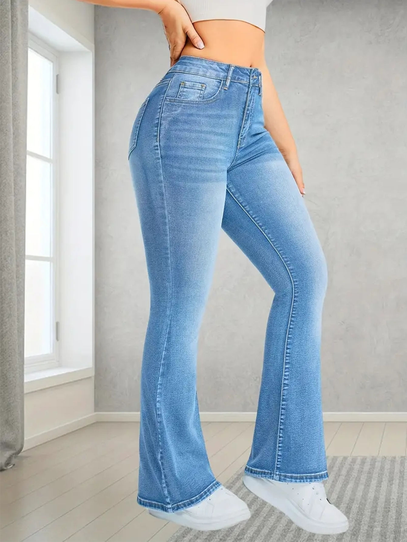 New Women Casual Micro Flares Jeans Fashion Pockets Button Splice Washed Denim P