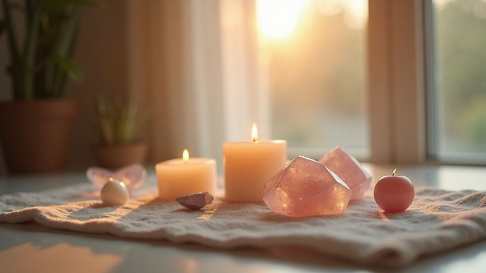 Eye-level view of a calm room with Reiki crystals and candles arranged neatly