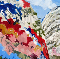 Where the River Durance cuts through the tail end of the Luberon-exposing the cliffs of Mirabeau near St. Paul lez Durance.
An abstract interpretation of a mountainous landscape, rendered in bold, expressive brushstrokes, this painting bursts with energy and emotion. A vivid palette—reds, blues, pinks, and greens—to evoke natural elements like rocky terrain, scrub foliage, and trees. The sky is a swirl of blues and whites, suggesting a bright, clear day. Despite its abstraction, the composition is grounded in nature. It’s the kind of piece that doesn’t just depict a scene - it invites you to feel it.