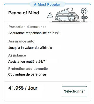 Forfait d'assurance Peace of Mind avec une location de van New Age Travel and Services