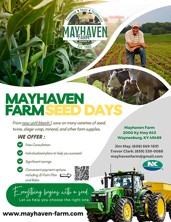 Flyer advertising Mayhaven Farm seed days going on through March 1, 2025