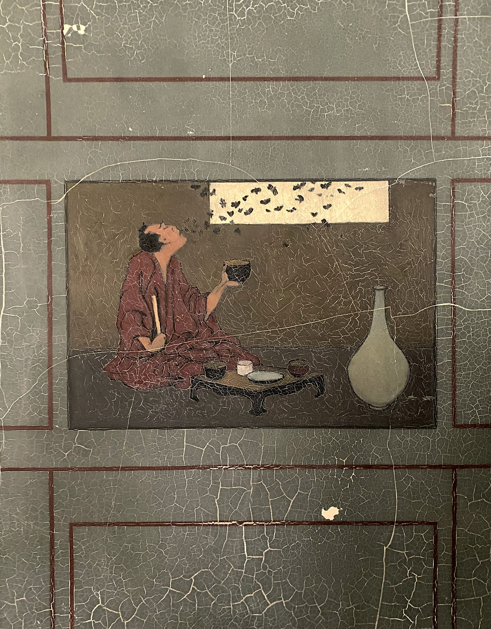Japonaiserie hand painted decorations uncovered in the laundry room during works and being fully restored to the original decorative scheme.