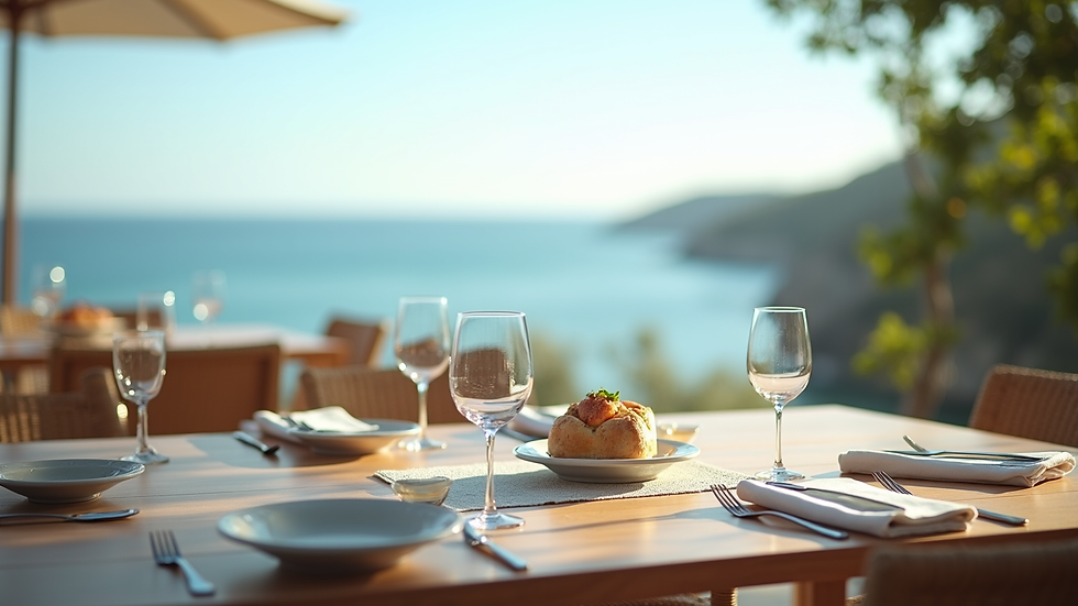 Vista panoramica di un tavolo all’aperto con piatti tipici canari e vista sul mare