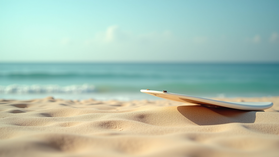 Vista a livello occhi di una tavola da surf appoggiata sulla sabbia dorata di Corralejo