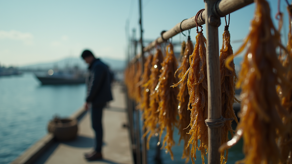 Eye-level view of seaweed drying on a wooden rack