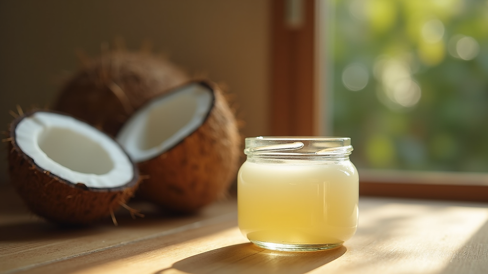 Close-up view of natural coconut oil jar on wooden table