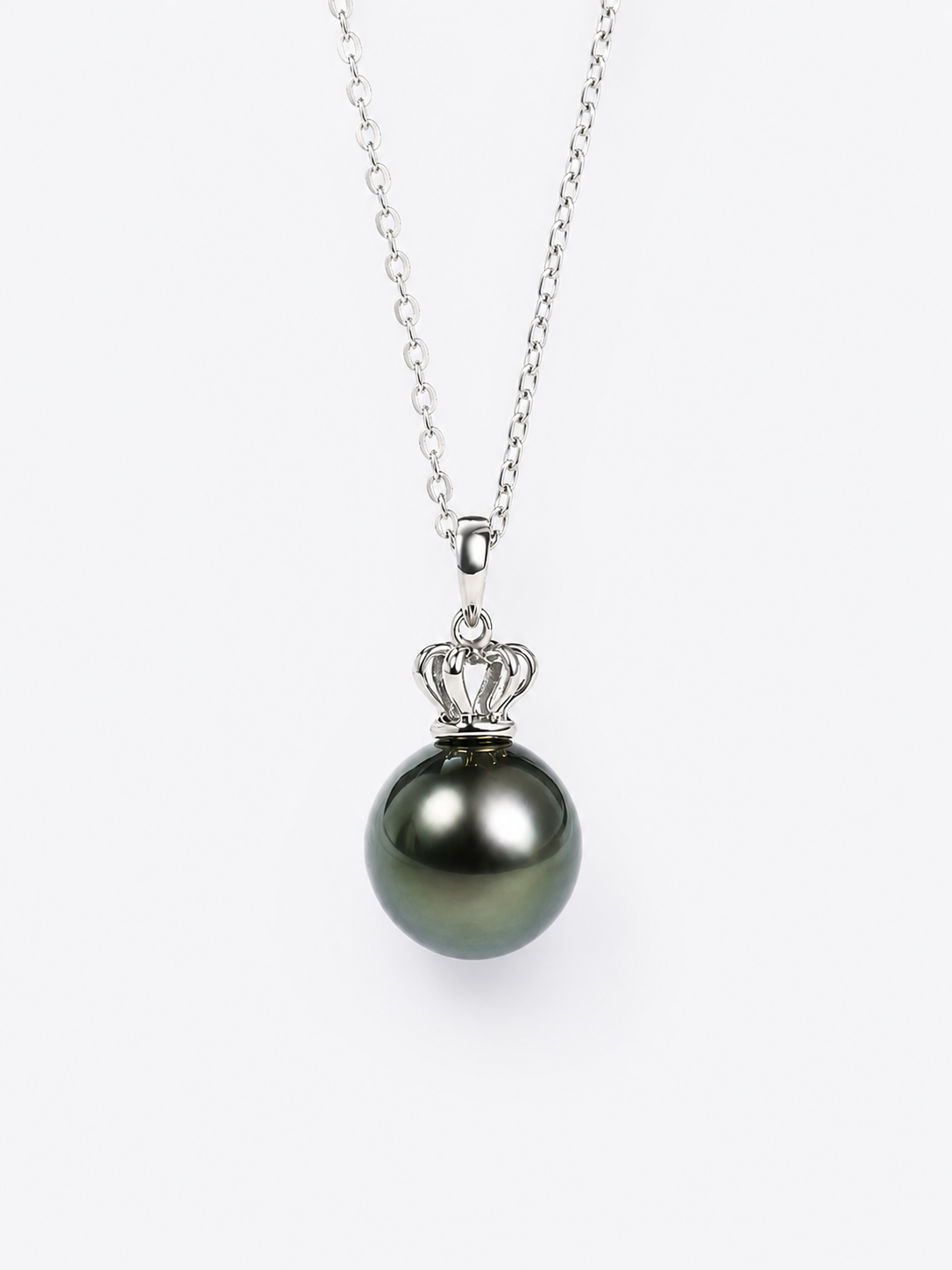 Tahitian Black Pearl Necklace 18K White Gold Crown Pendant