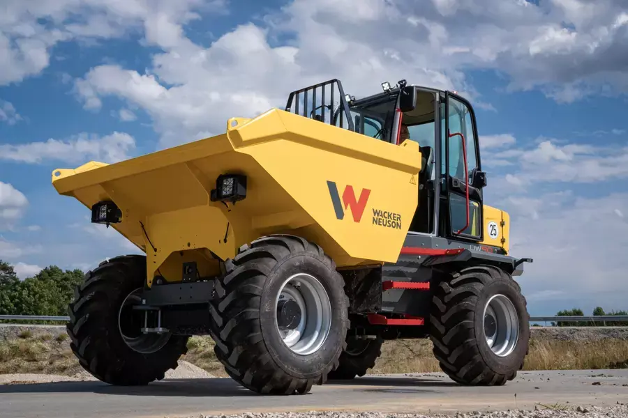 Thumbnail: Side profile of a Wacker Neuson DW90 9 tonne dumper with site-safe cab.