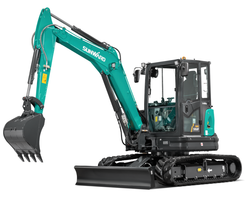 Sunward SWE50UF 5-ton zero-tail swing excavator with Stage V Kubota engine for UK contract hire.