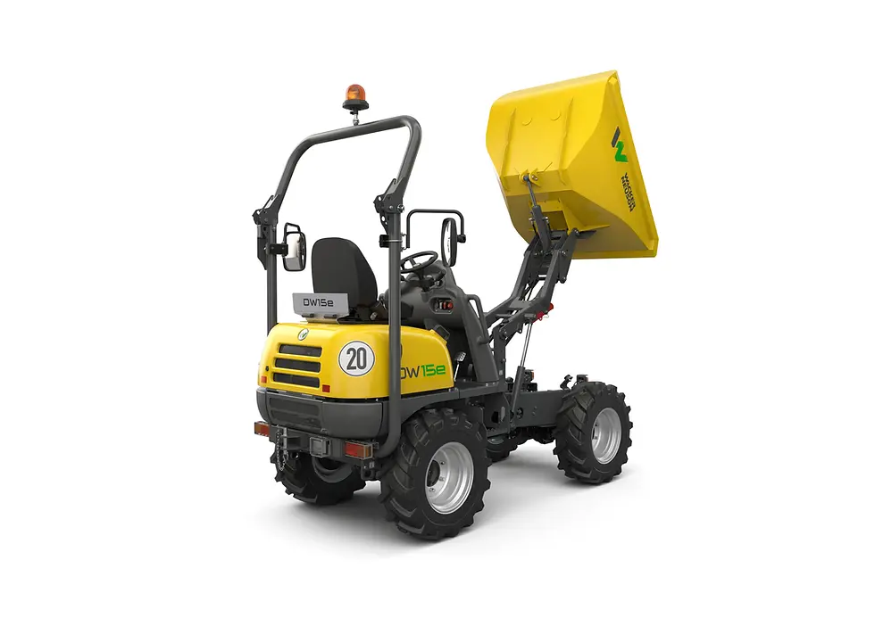 Thumbnail: Wacker Neuson DW15e high tip electric dumper with skip raised to 1.5m discharge height.