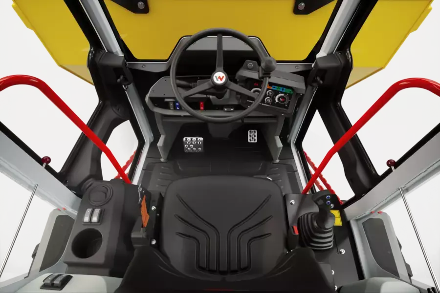 Thumbnail: Wacker Neuson DW90 cab interior featuring ergonomic joystick and climate controls.