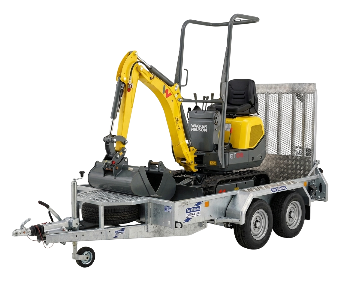 Wacker Neuson ET08 1-tonne micro excavator loaded on an Ifor Williams GH94 plant trailer, ready for transport