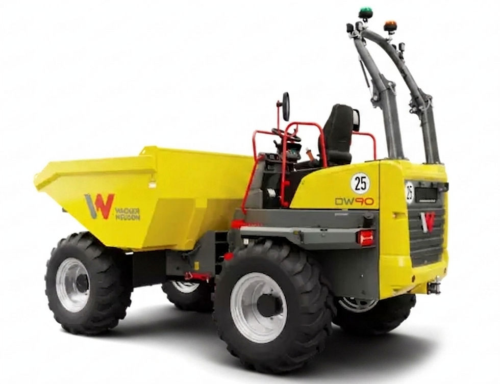 Wacker Neuson DW90 Open ROPS site dumper with yellow front-tip skip on a clean white background.