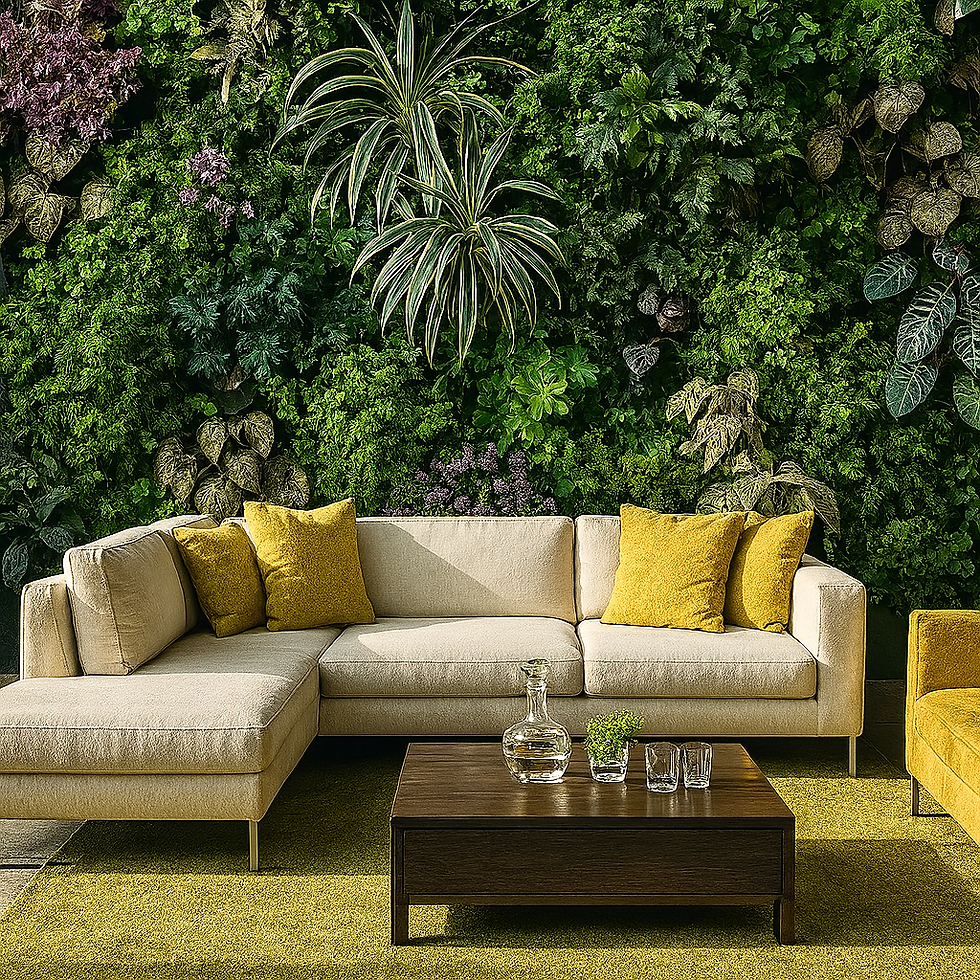 Sala com sofá bege e parede verde com jardim vertical.