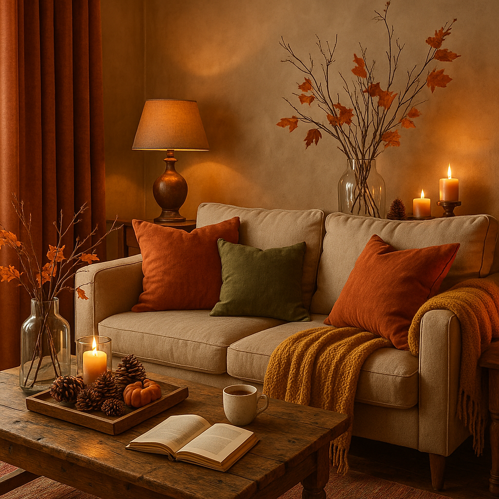 Sala de estar outonal, com sofá bege coberto por manta mostarda e almofadas terracota e verde-musgo, iluminação âmbar de abajur e velas, mesa de centro rústica com pinhas e mini-abóboras, criando clima acolhedor e texturas quentes.