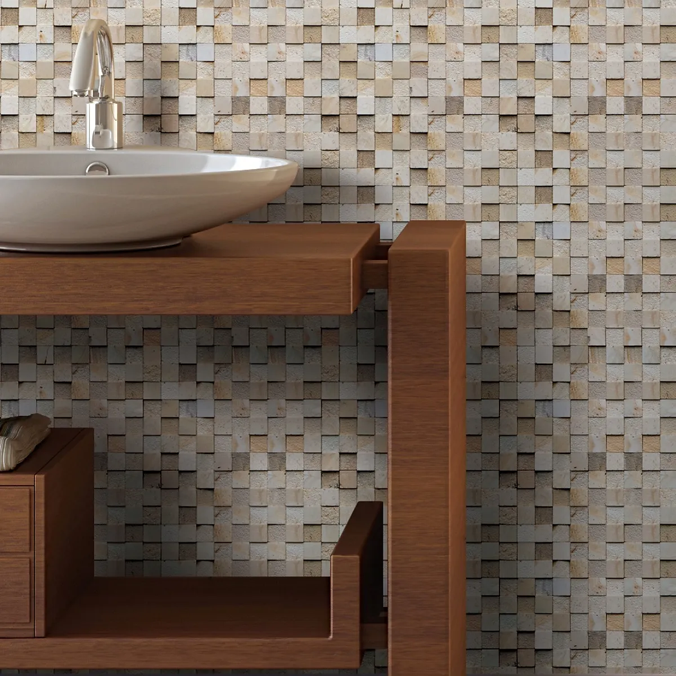 Bancada de madeira com cuba redonda e parede com revestimento tipo pastilha.