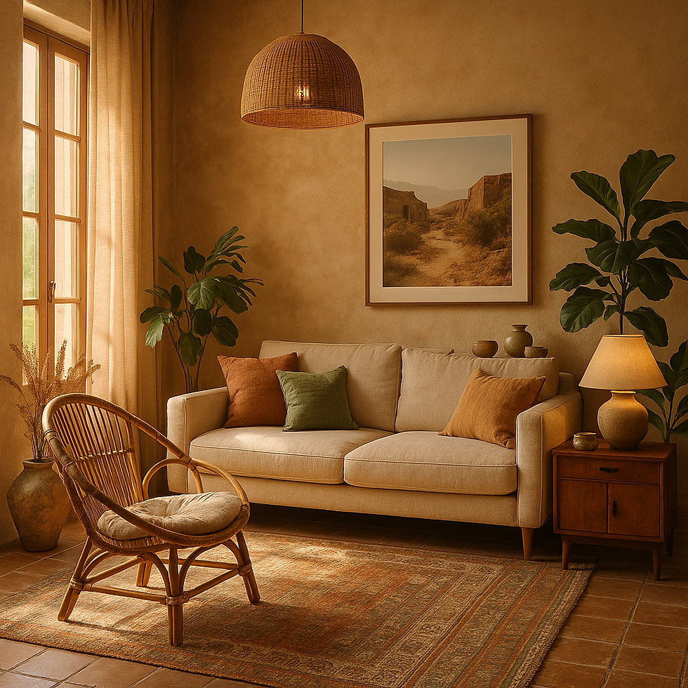 Sala de estar boho natural com sofá bege, almofadas terrosas, tapete vintage e cadeira de rattan sob luz natural — decoração afetiva e acolhedora.