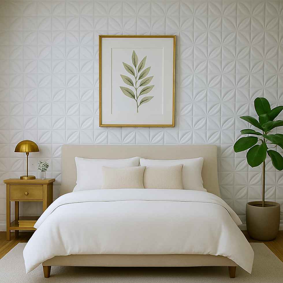 Quarto com cama neutra, parede 3D branca e planta decorativa.