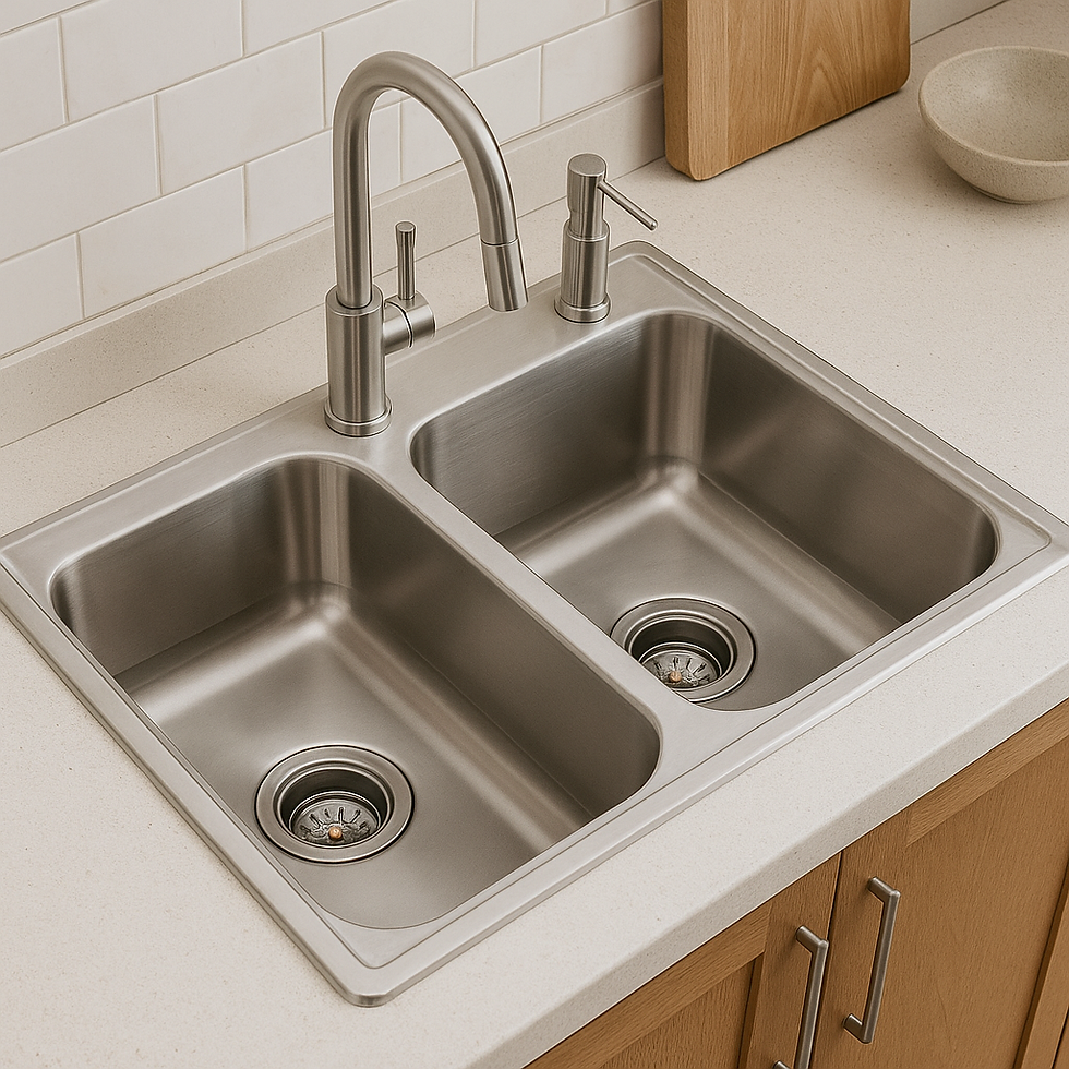 Cuba dupla em inox com torneira metálica e dispenser.