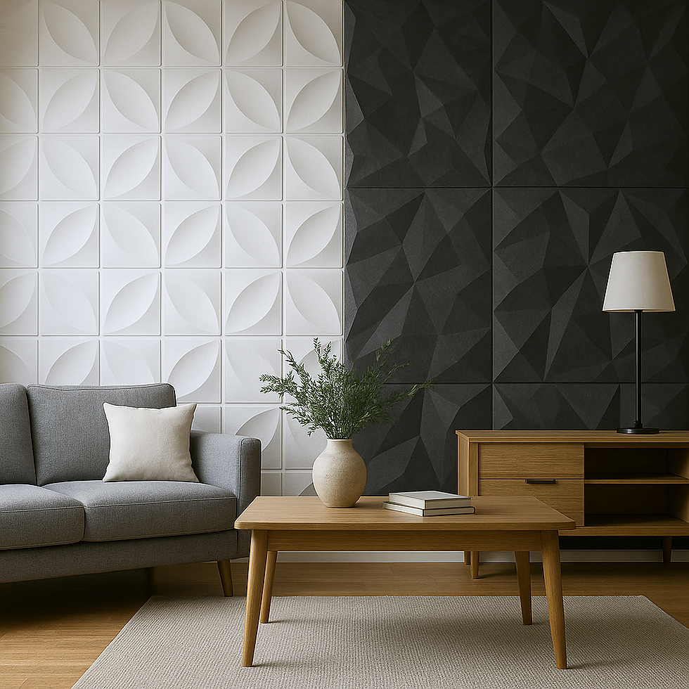 Sala com parede 3D em branco e preto, sofá cinza e móveis de madeira clara.