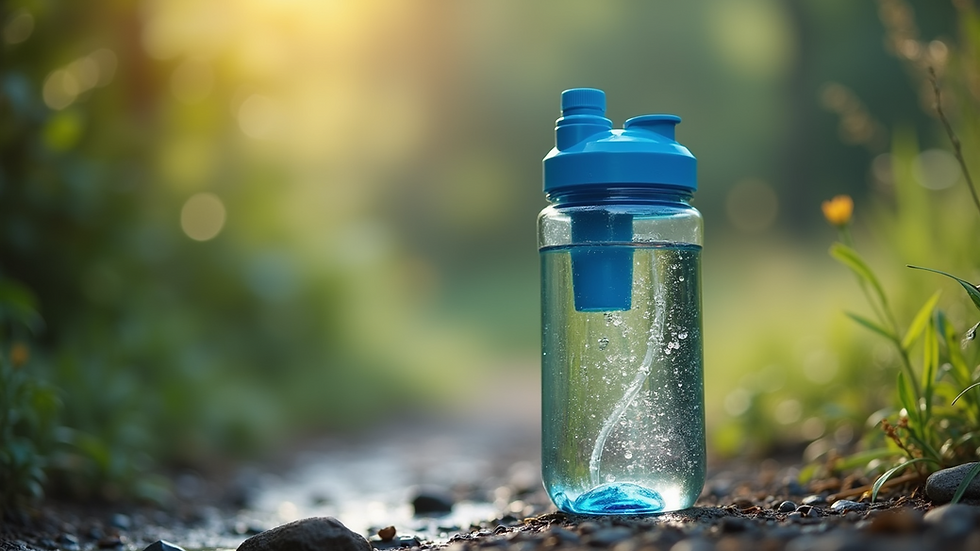 Close-up view of a portable water filter attached to a water bottle