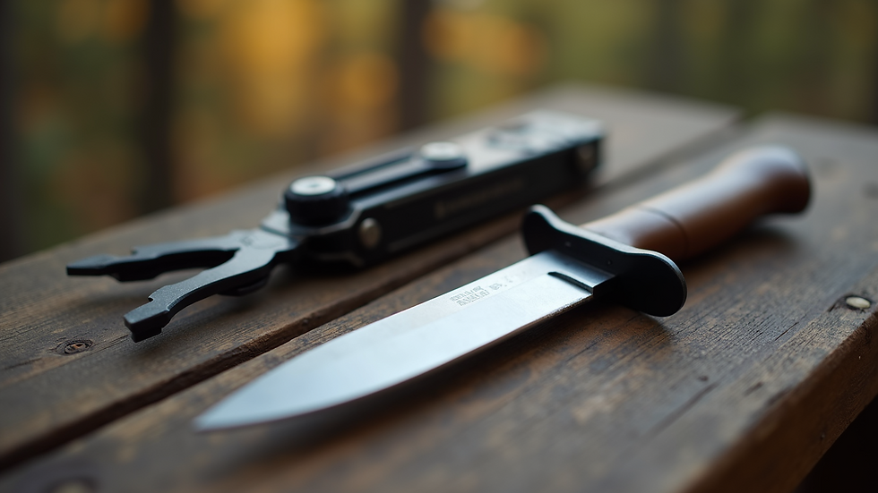 Close-up view of a hunting knife and multi-tool on a wooden surface