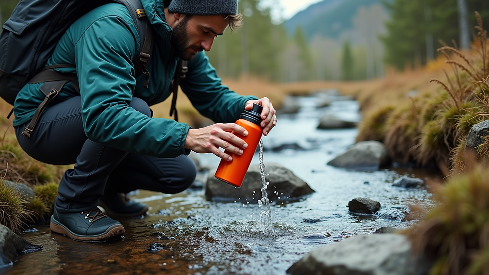 High angle view of a hiker filling a water bottle from a mountain stream