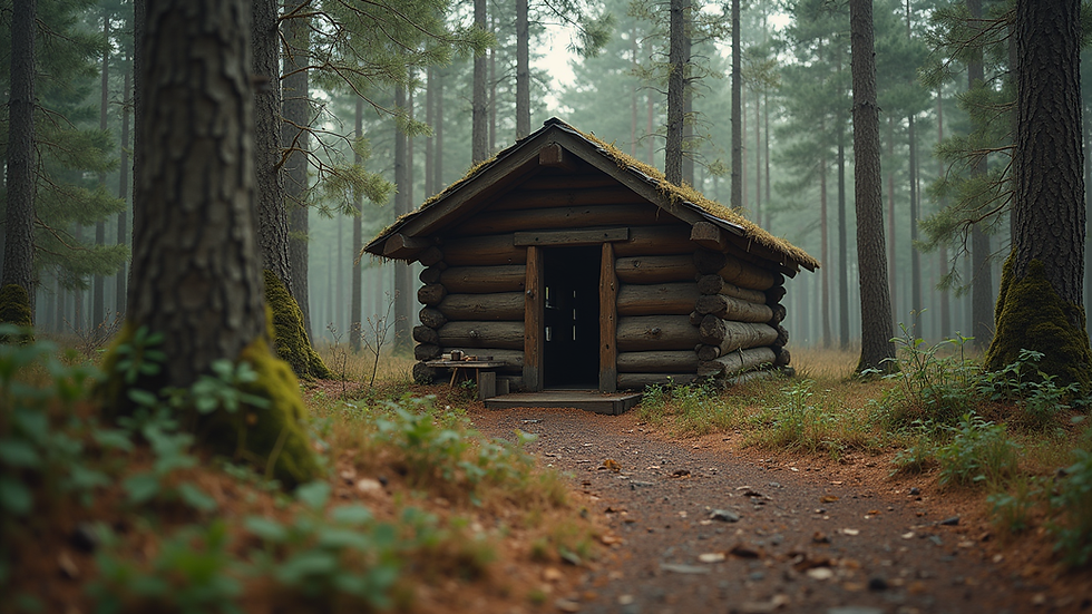 Eye-level view of a handmade wooden shelter in a forest clearing