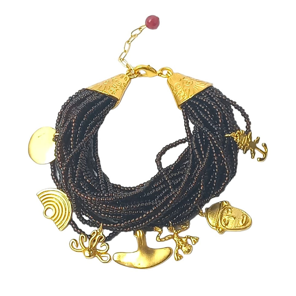 Pulsera dijes precolombinos + chaquira checa café - JCO002618