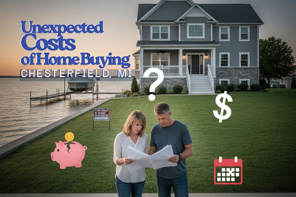 A couple looks confused while reviewing documents in front of a modern gray two-story family home on Lake St. Clair in Chesterfield, MI. A 'For Sale' sign is visible in the lawn, next to a boat dock. Overlay icons include a broken piggy bank with a dollar coin, a large question mark, a dollar sign, and a calendar, all signifying unexpected costs.