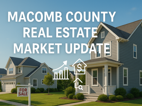 Suburban neighborhood in Macomb County, Michigan under a bright blue sky, with modern homes, green lawns, and a prominent ‘Macomb County Real Estate Market Update 2025’