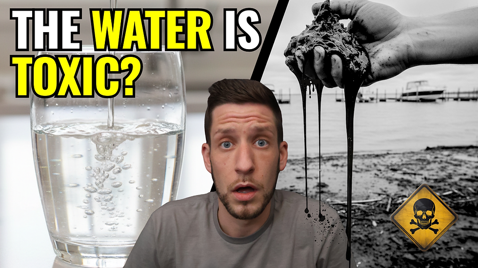Split-screen investigative graphic for Lake St. Clair water crisis. Left side shows a clean home titled 'What They Say.' Right side shows toxic black muck and medical bills titled 'The $2 Billion Lie.' A red warning sign 'DANGER' is in the corner.