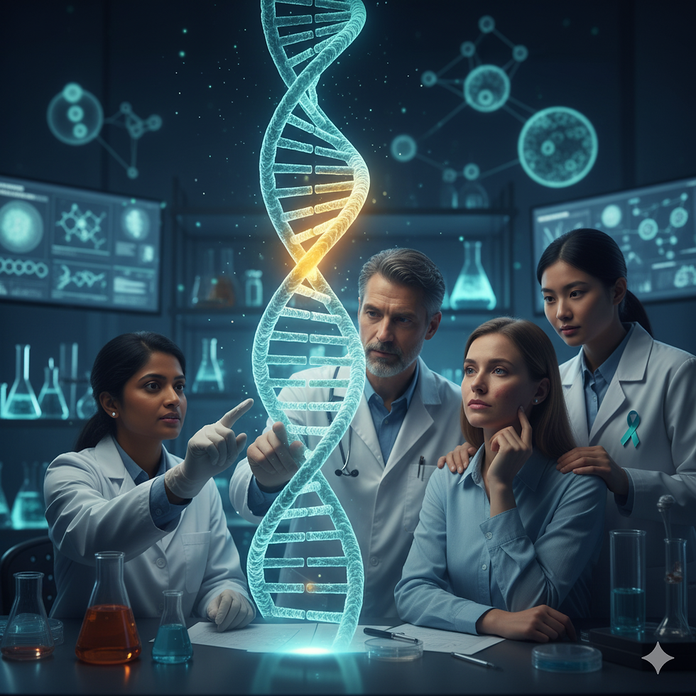 recherche scientifique sur le Syndrome de Cowden (PTEN). Image réaliste symbolisant l'espoir, la génétique et le diagnostic des maladies rares.