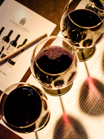 4 wine glasses with red wines on a tasting sheet at Chapel Hill Winery, on a McLaren Vale wine tour, Fleurieu Peninsula, South Australia.