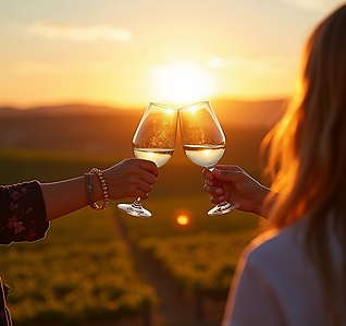 action shot friends toasting wine glasses vineyard terrace golden sunset lighting mclaren 