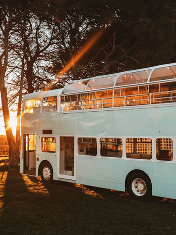 Light blue double-decker bus in the sunset at Down the Rabbit Hole Wines on a McLaren Vale Winery tour, Fleurieu Peninsula, South Australia.