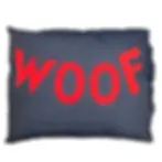 coussin pour chien denim avec écriture woof rouge