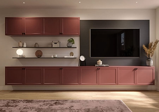 Modern living room features matte red cabinets, minimalist shelves with decor, a wall-mounted TV, and a soft warm light
