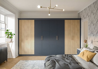 Bedroom with a modern design, featuring a dark blue wardrobe with light wood accents