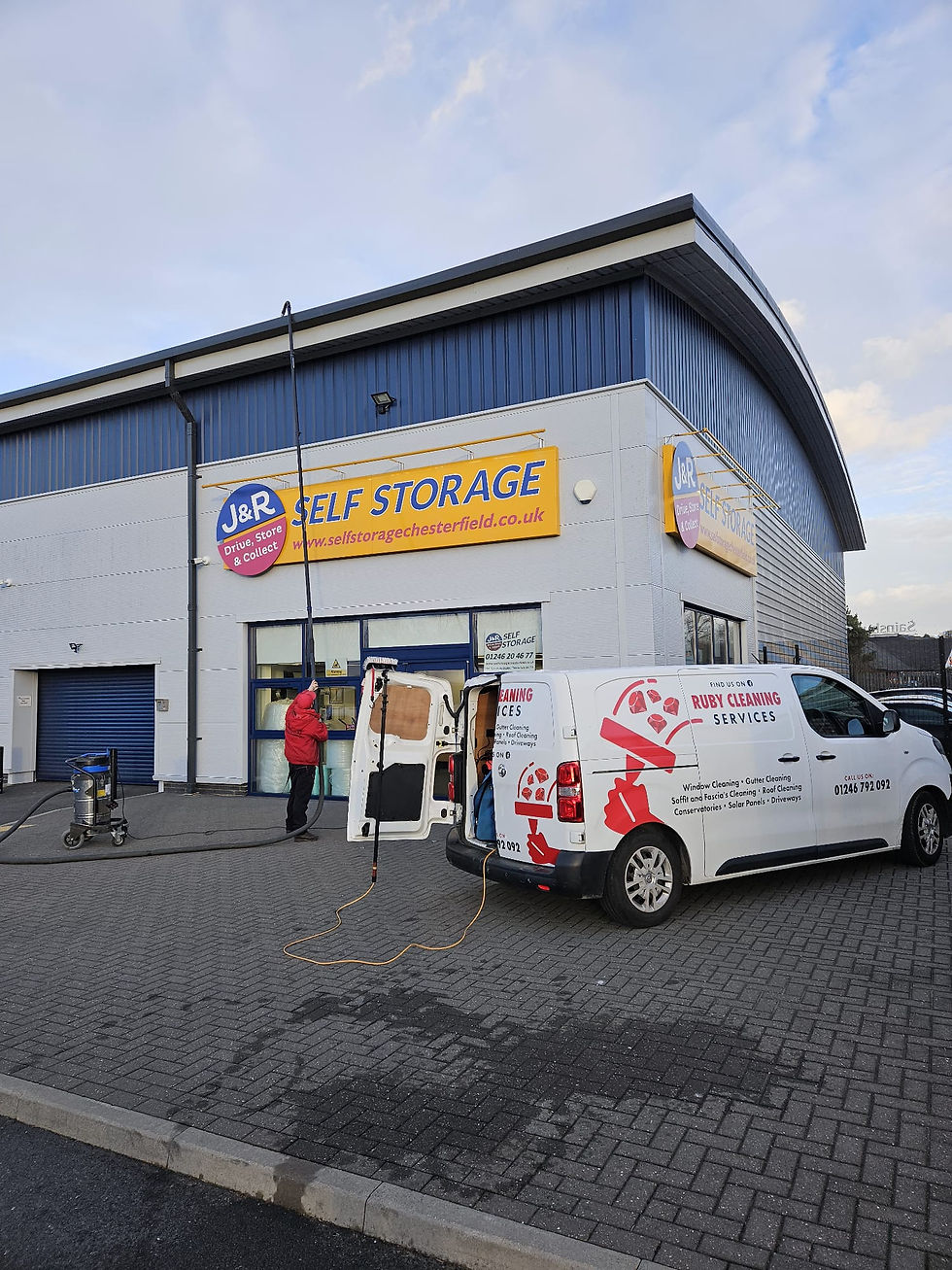 Cleaning service van parked outside a modern commercial retail store