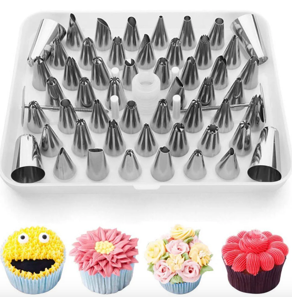 Thumbnail: A kit of piping nozzles displayed with a row of decorated cupcakes.