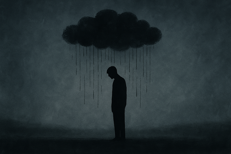Silhouette of a person standing under a dark cloud with rain, conveying sadness. The background is a gray, gloomy sky.
