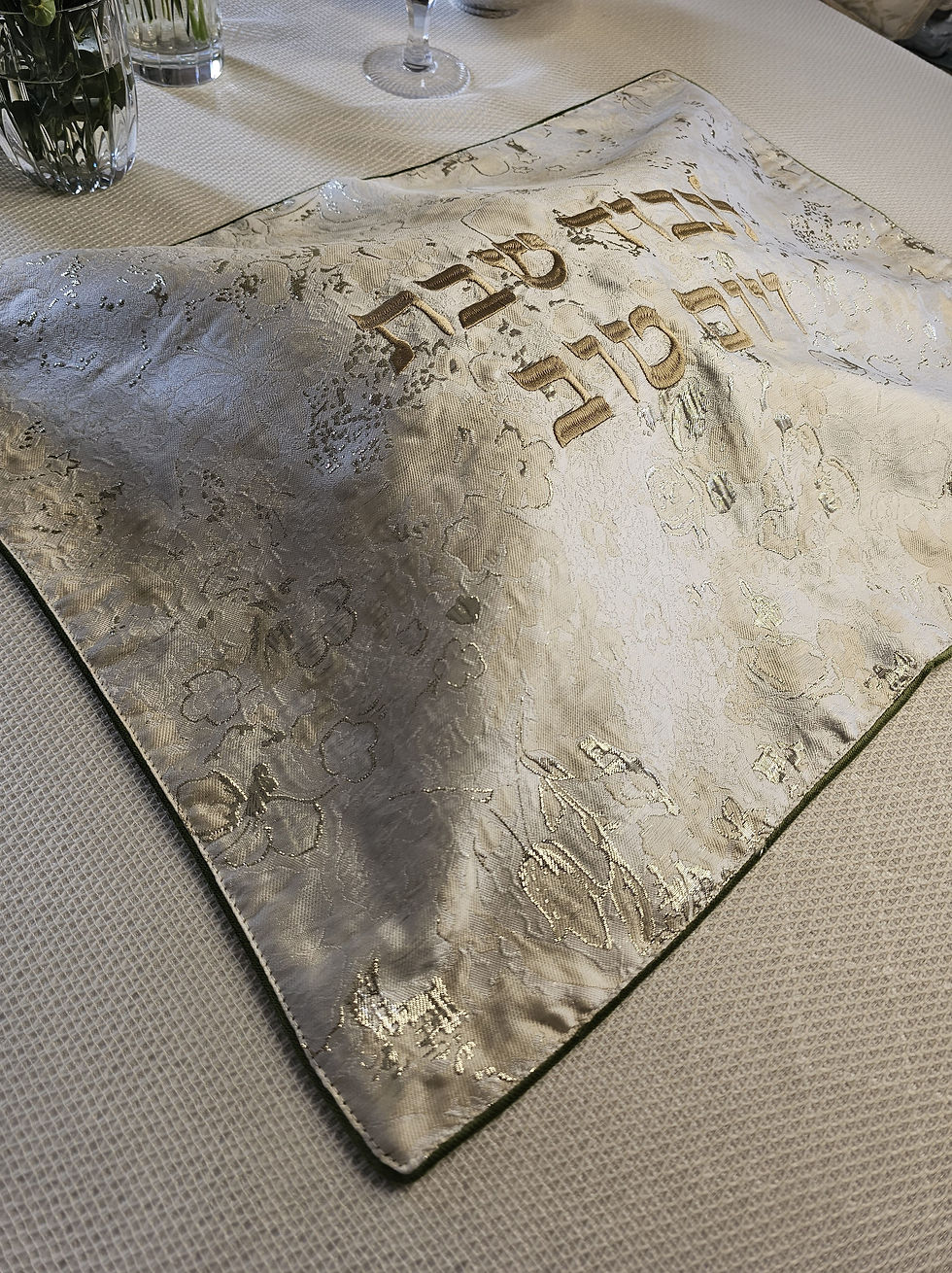 Thumbnail: Decorative challah cover with Hebrew text