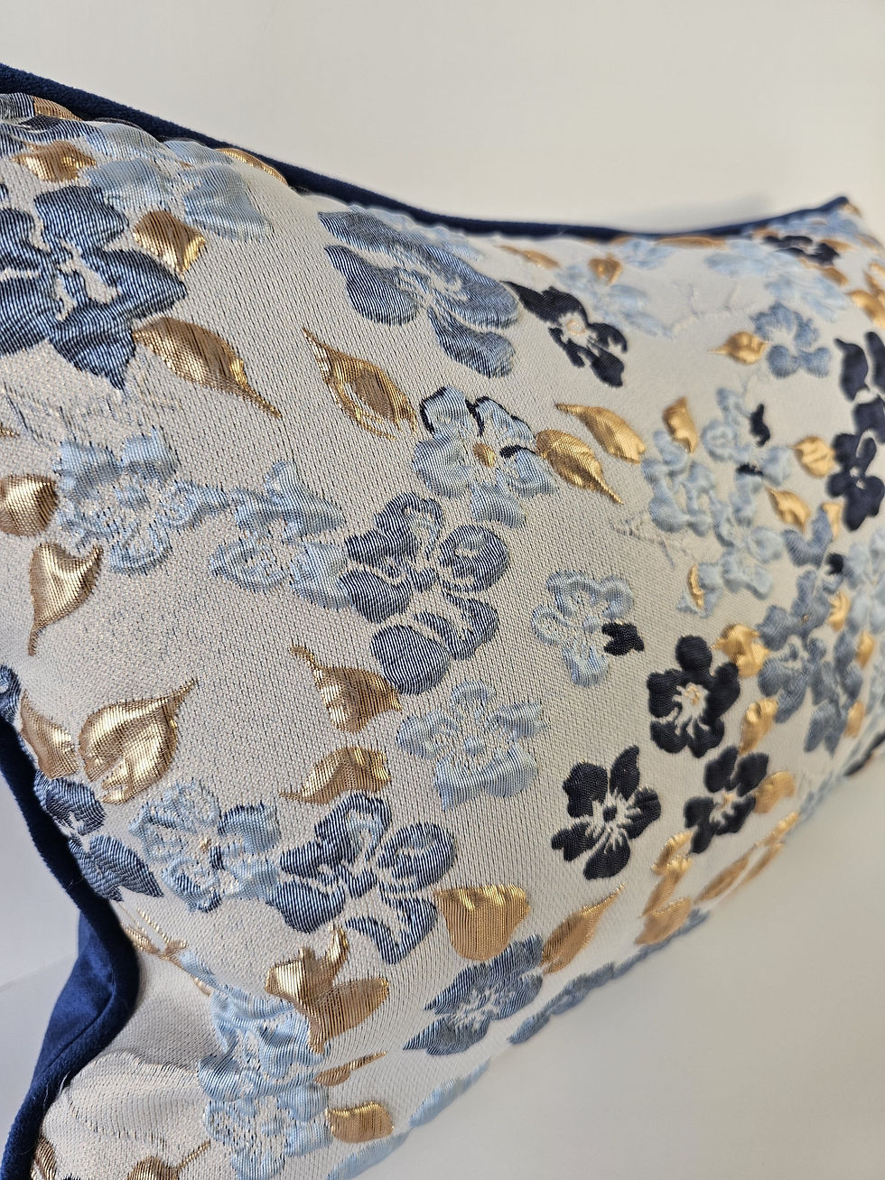 Thumbnail: Blue and gold leaf pattern pillow